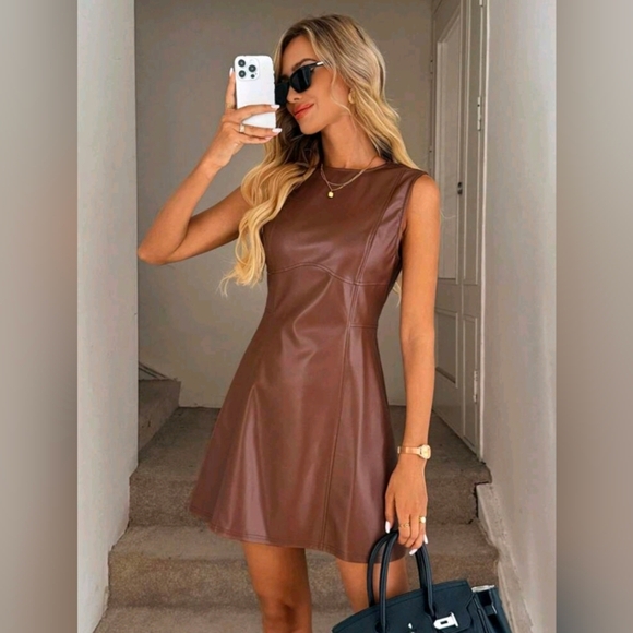 western Dresses & Skirts - Faux leather Chic Brown Sleeveless Mini Dress